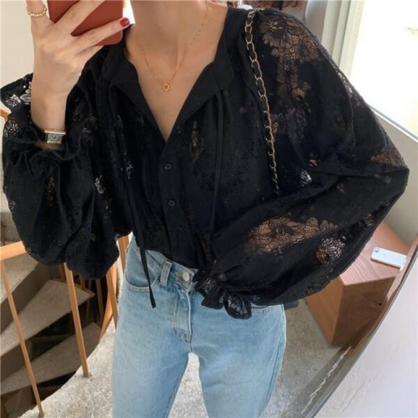 Women's Thin Oversize Long Sleeve Hollow Lace Bottoming Shirt - Image 2