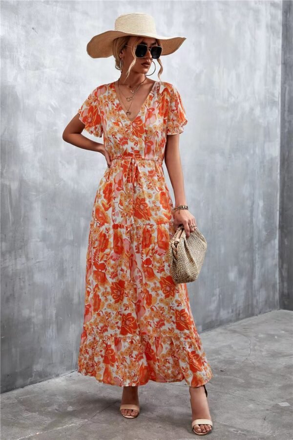 Women's Temperament Short Sleeve V-neck Lace-up Flower Button Dress - Image 9