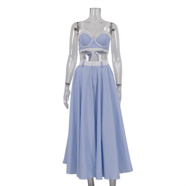 2 Pieces Lace Splicing Sling Vest High Waist Big Swing Skirt Fashion Blue Print Sets Spaghetti Strap Lace Bra And High Waisted Loose Pleated Skirts Sets - Image 7