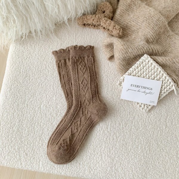 Autumn And Winter Thickening Diamond-shaped Milk Curry Color System Wool Mid-thigh Socks - Image 8