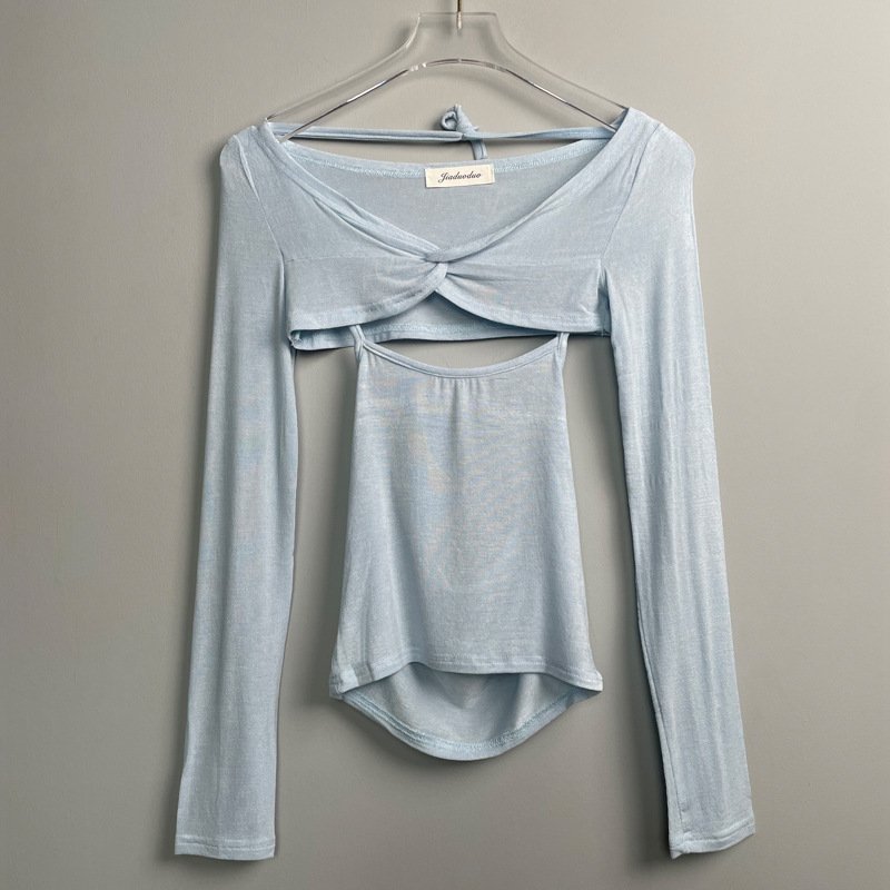 Autumn New Slightly See-through Thin Halter Spaghetti Straps Vest Long Sleeve Shawl Skinny Slimming Sets - Image 10