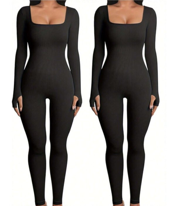 Women's Yoga Sports Fitness Jumpsuit Workout Long Sleeve Square Collar Clothing - Image 6