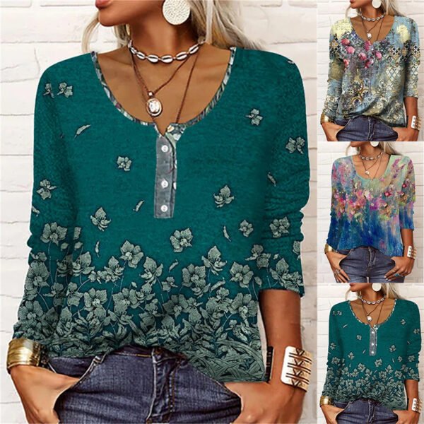Autumn And Winter Loose Long Sleeve Geometric Flower Mang U Neck Button T-shirt For Women