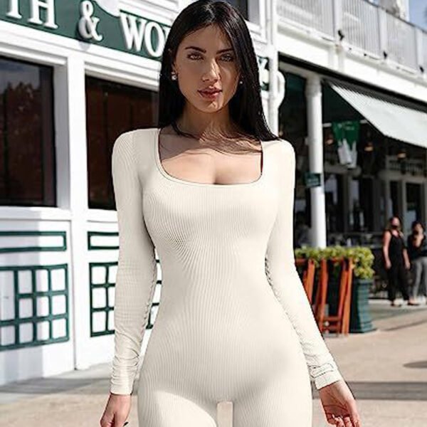 Women's Yoga Sports Fitness Jumpsuit Workout Long Sleeve Square Collar Clothing - Image 2