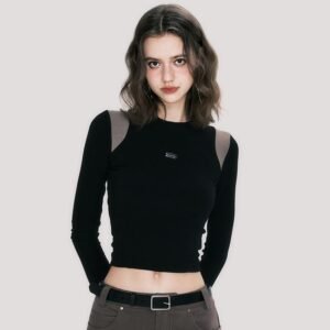 Autumn New Contrast Color Waist-controlled Long Sleeves Round Neck T-shirt Slim Top For Women
