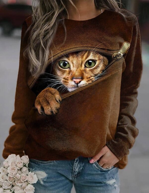 3D Zipper Cat Digital Print Round Neck - Image 5