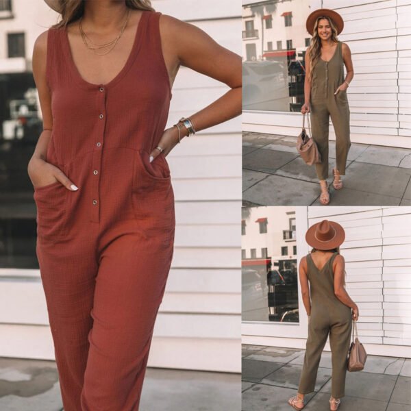 Beauty Clothing Solid Color Buttons Casual Jumpsuit - Image 5
