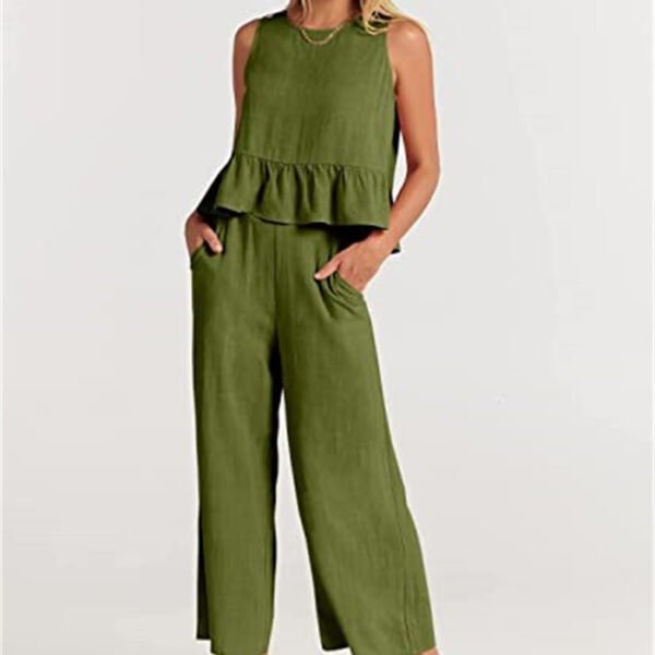 Women's Temperament Fashion Sleeveless Ruffled Undershirt Wide Leg Nine-quarter Pants Set - Image 8
