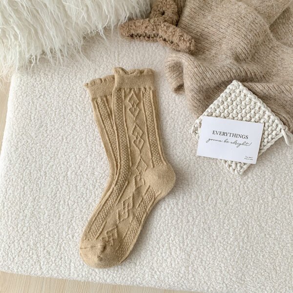Autumn And Winter Thickening Diamond-shaped Milk Curry Color System Wool Mid-thigh Socks - Image 5