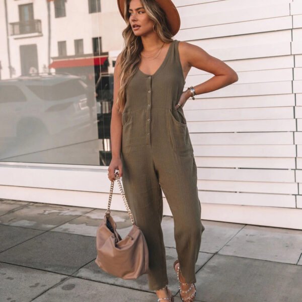 Beauty Clothing Solid Color Buttons Casual Jumpsuit - Image 6