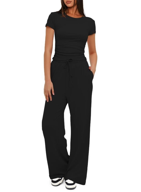 2pcs Solid Color Casual Sports Yoga Suit Short-sleeved Top And High-waisted Drawstring Wide-leg Pants Summer Fashion Set For Womens Clothing - Image 4
