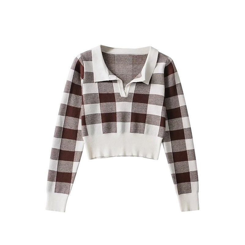 American Retro Plaid Slim Fit Short Sweater - Image 2