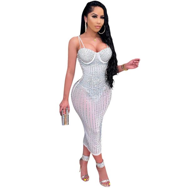 Women's Yarn See-through Rhinestone Strap Dress - Image 6