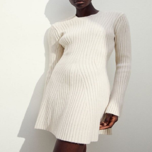 Women's Textured Round Neck Long Sleeve Slim Knit Dress - Image 10