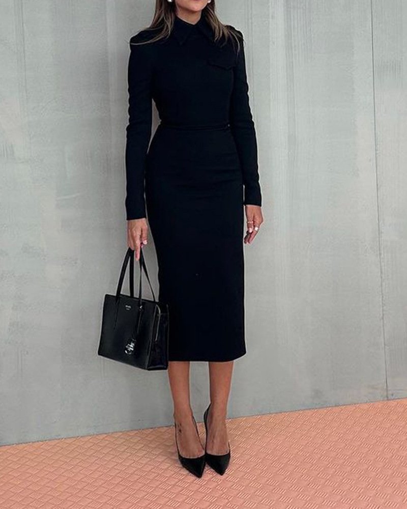 Autumn New Polo Collar Long Sleeve Slim Fit Sheath Dress - Image 8