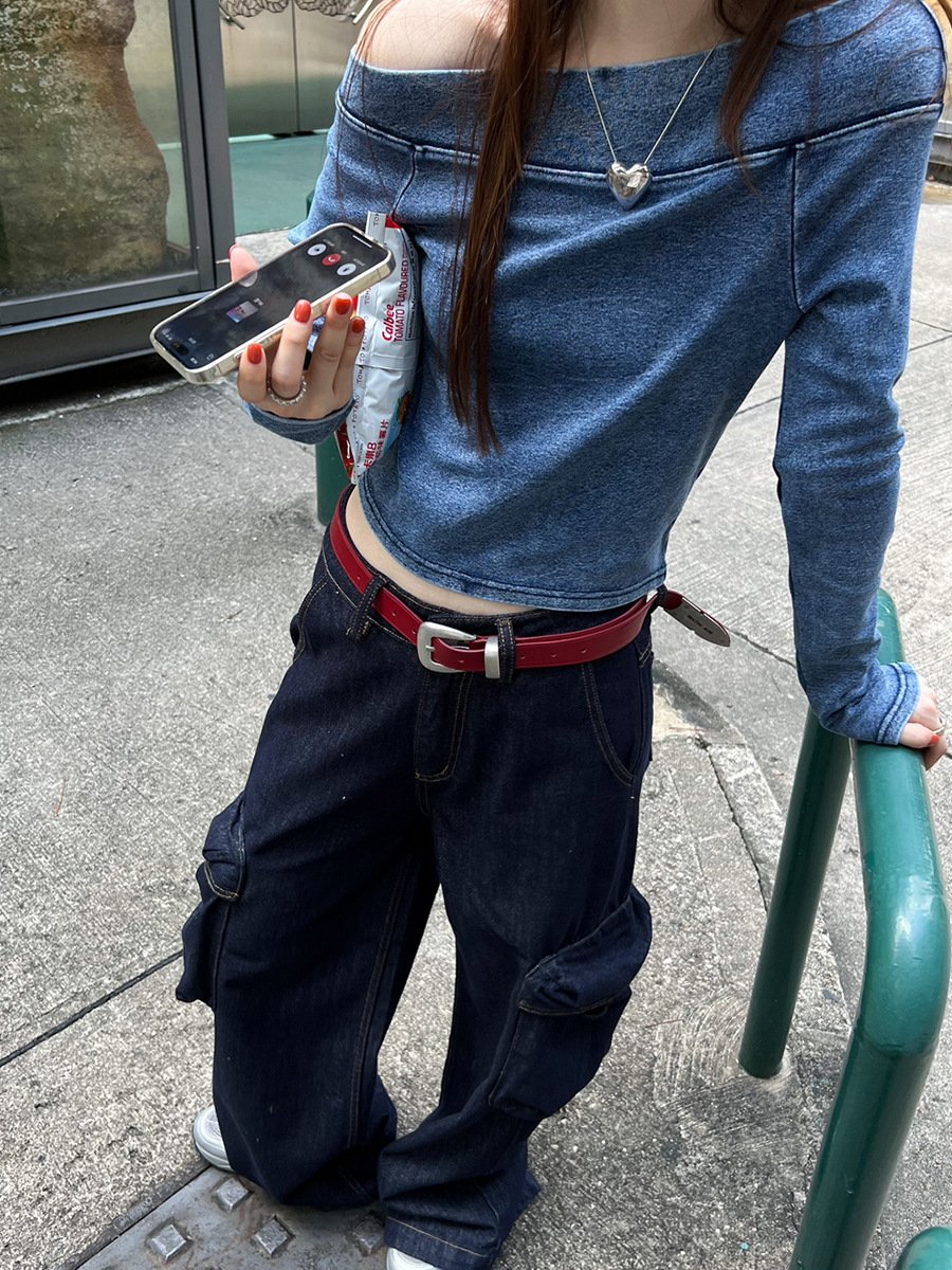 American-style Washed Vintage Off-shoulder Long-sleeved T-shirt - Image 9