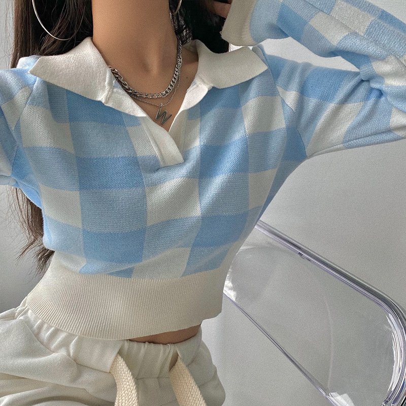 American Retro Plaid Slim Fit Short Sweater - Image 4