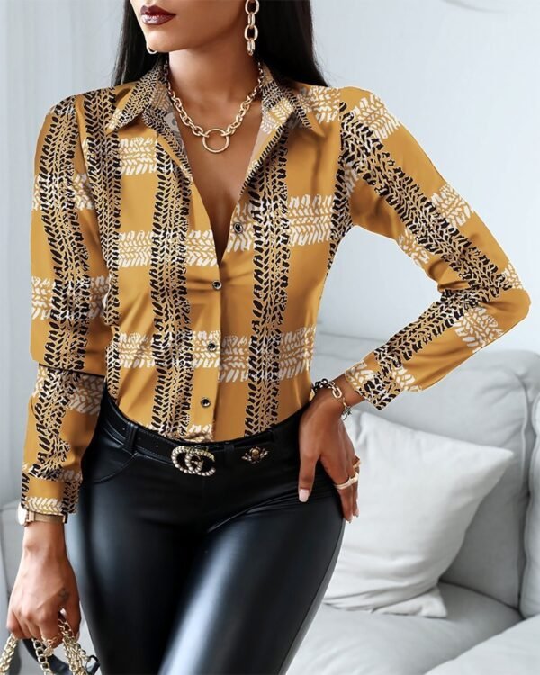 Autumn And Winter Long-sleeved V-neck Color Matching Retro Style Shirt Top Women - Image 8