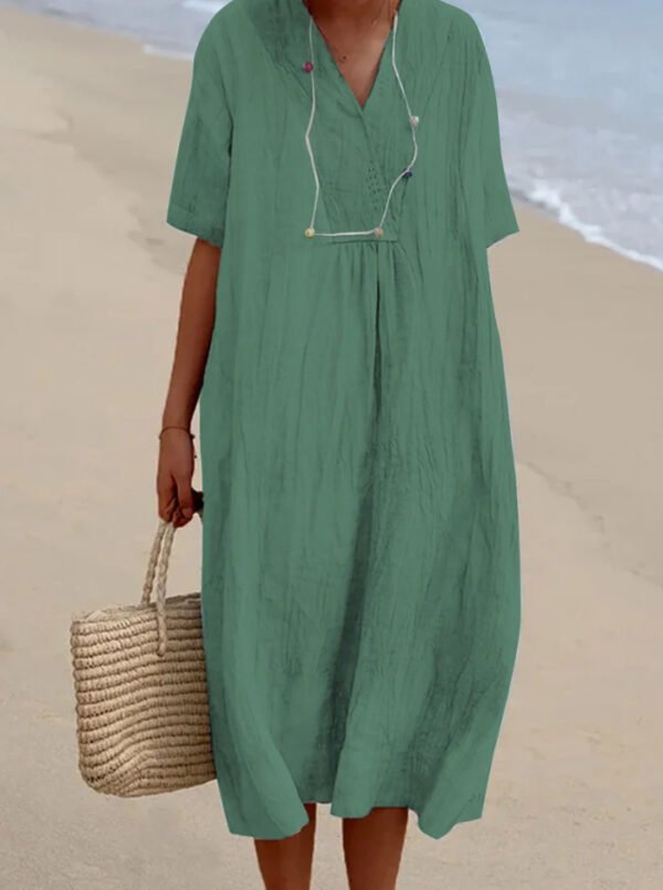 Women's Versatile Casual Slim-fit Solid Color Cotton And Linen Dress - Image 3