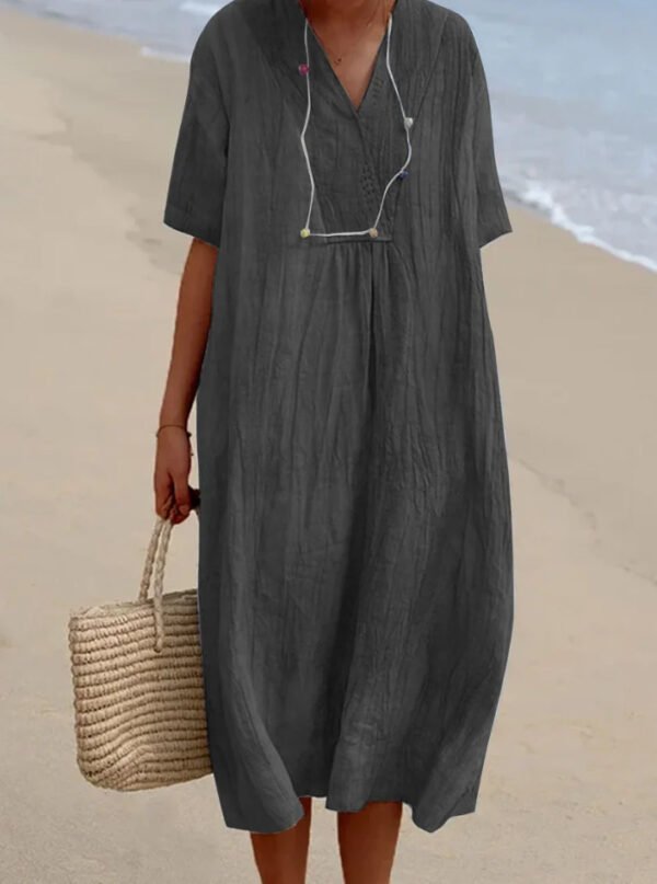 Women's Versatile Casual Slim-fit Solid Color Cotton And Linen Dress - Image 4