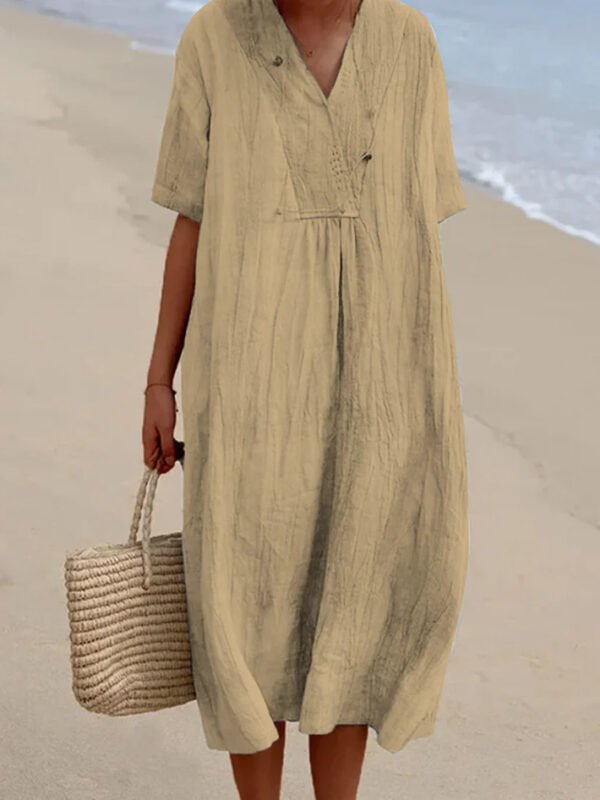 Women's Versatile Casual Slim-fit Solid Color Cotton And Linen Dress - Image 5
