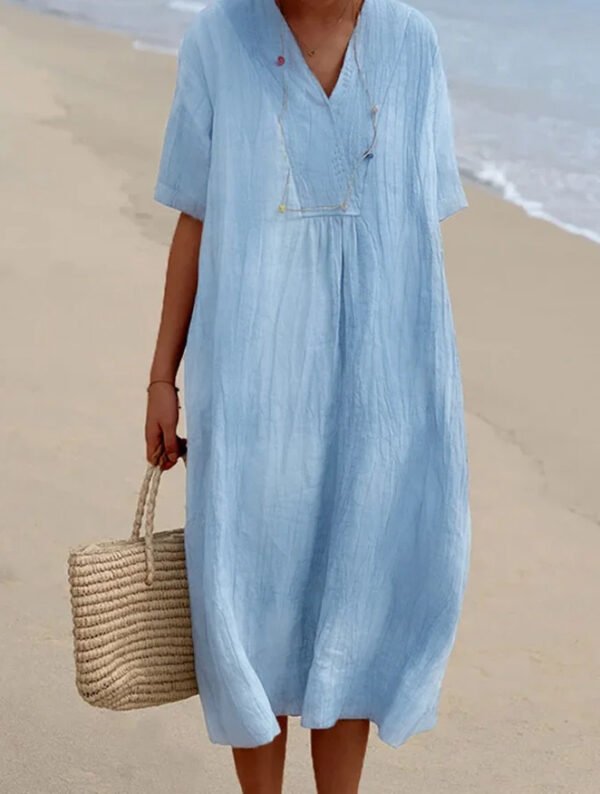 Women's Versatile Casual Slim-fit Solid Color Cotton And Linen Dress - Image 6