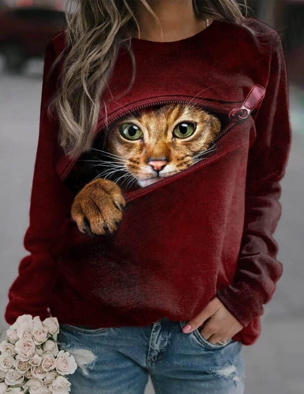3D Zipper Cat Digital Print Round Neck - Image 2