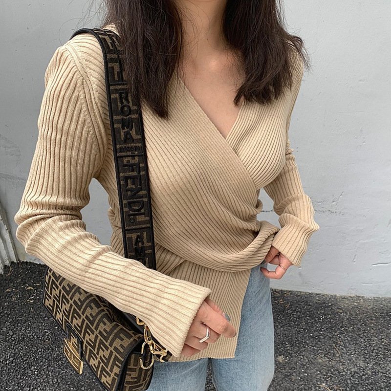 Autumn Elegant Slimming V-neckline Cross Knitted Sweater For Women - Image 6