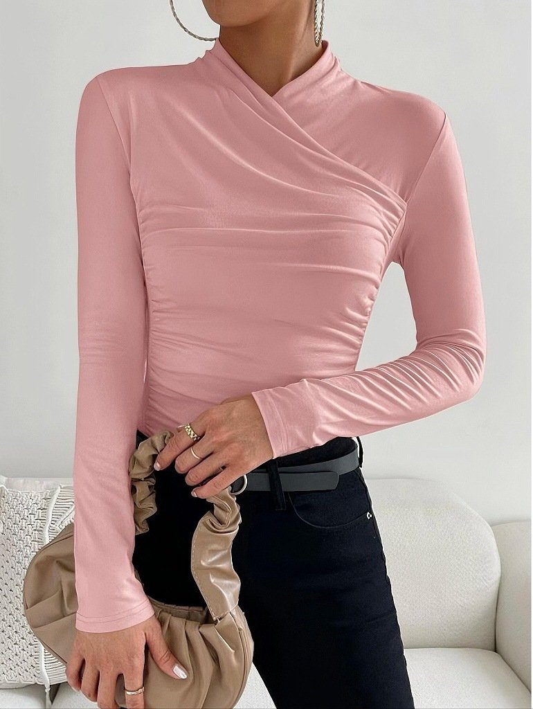 Design Cross Collar Slim Fit All-match Pleating Long Sleeve - Image 3