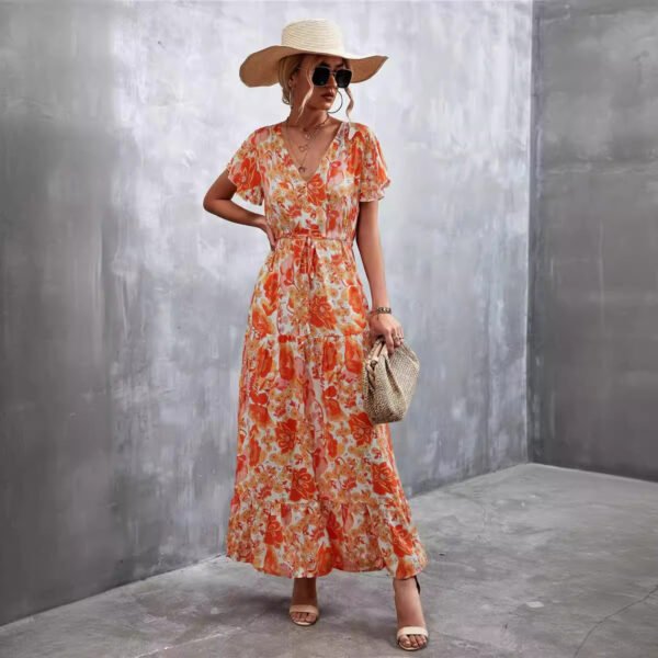 Women's Temperament Short Sleeve V-neck Lace-up Flower Button Dress