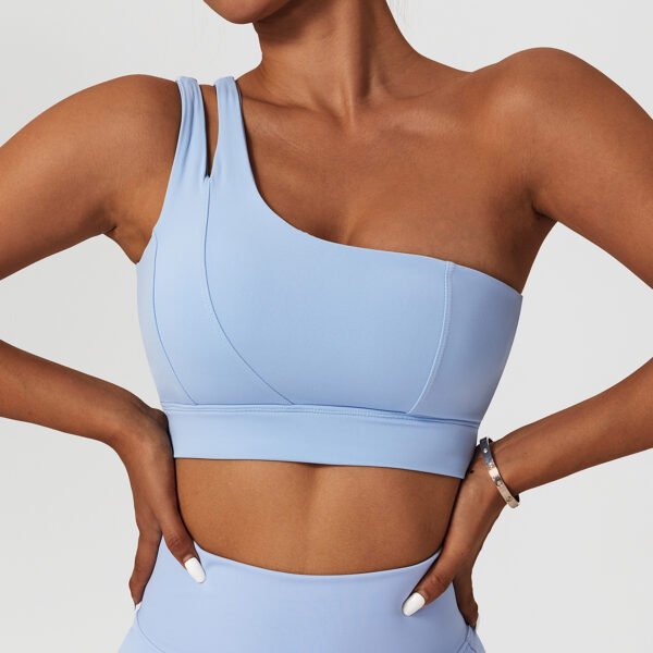 Ribbed One Shoulder Yoga Bra Stretch Shockproof Women's Set - Image 3