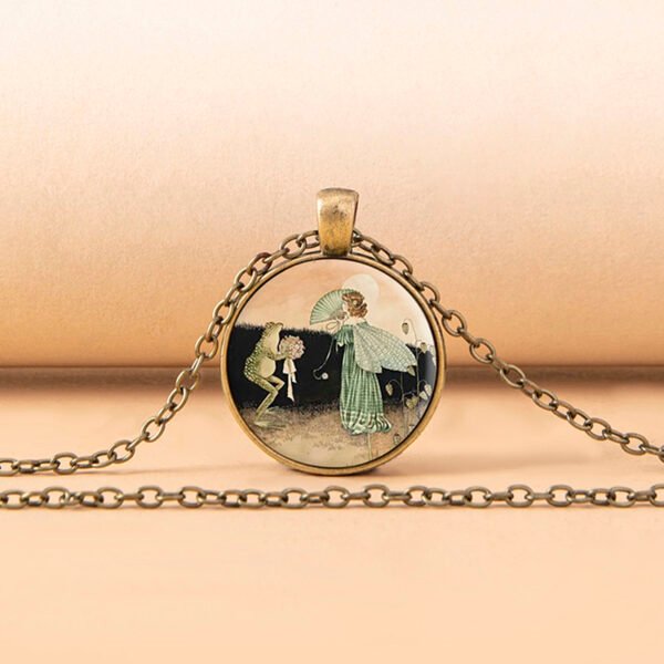 Vintage Cartoon Frog Angel Fairy Princess Glass Dome Necklace