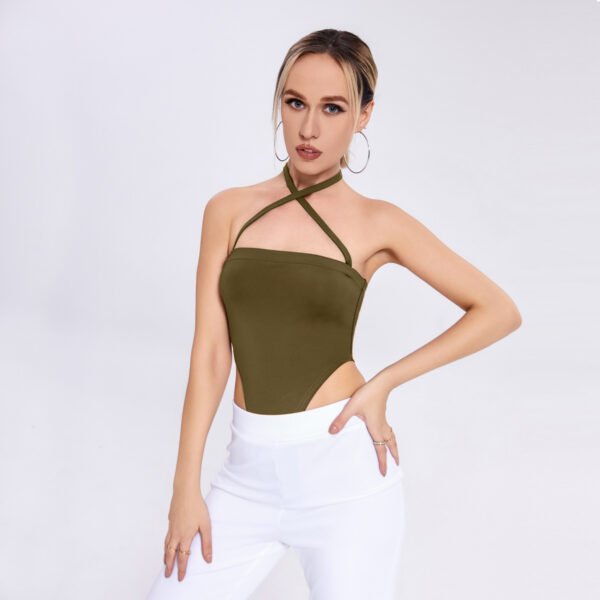 2023 Fashion New Women's One -word Collar Hanging Neck Band -lap Background Bodsuit - Image 4