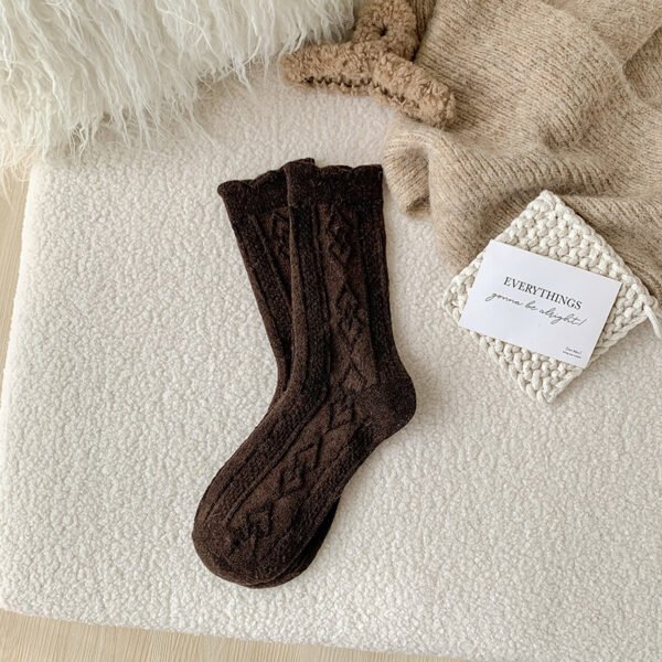 Autumn And Winter Thickening Diamond-shaped Milk Curry Color System Wool Mid-thigh Socks - Image 3