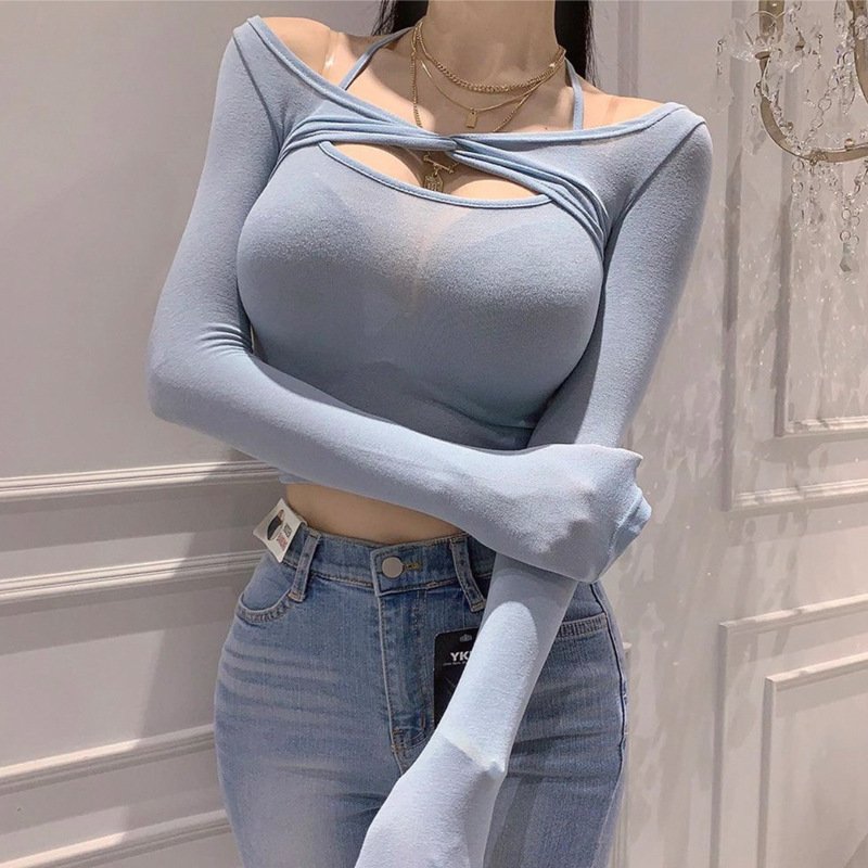 Autumn New Slightly See-through Thin Halter Spaghetti Straps Vest Long Sleeve Shawl Skinny Slimming Sets