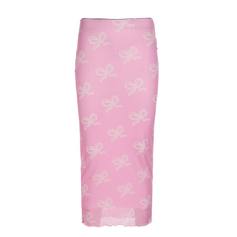 Retro Mesh Bow Printing Stitching Hip Skirt - Image 6
