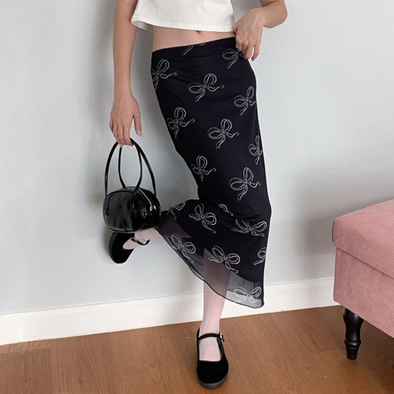 Retro Mesh Bow Printing Stitching Hip Skirt - Image 4
