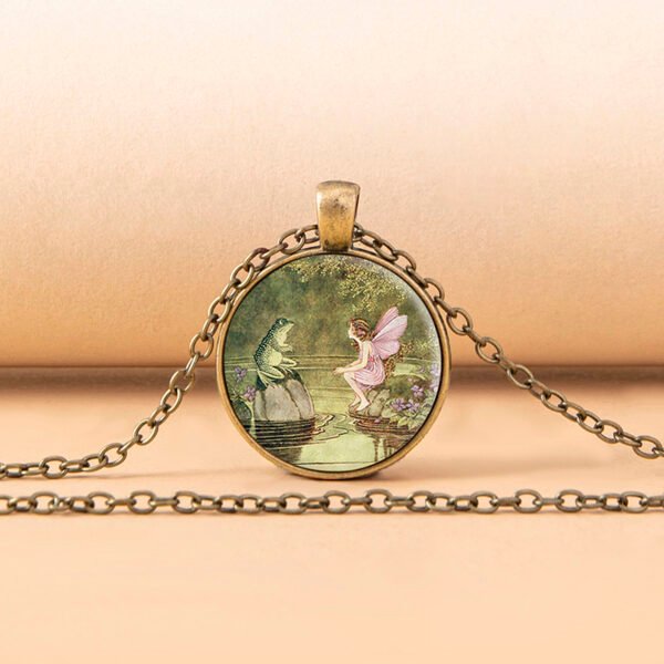 Vintage Cartoon Frog Angel Fairy Princess Glass Dome Necklace - Image 3