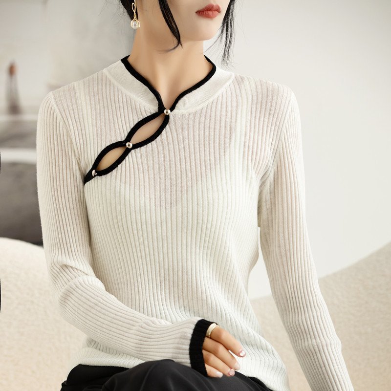 Wool Hollow-out Plate Buckle Stand Collar Design Sweater Thin - Image 3