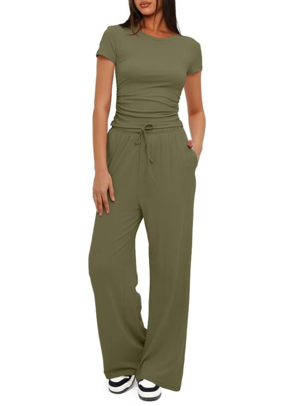 2pcs Solid Color Casual Sports Yoga Suit Short-sleeved Top And High-waisted Drawstring Wide-leg Pants Summer Fashion Set For Womens Clothing - Image 6