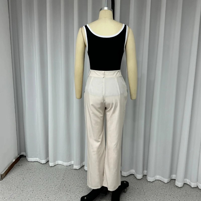 Autumn New Contrast Color Suspenders Slim High Waist Trousers Two-piece Set For Women - Image 4