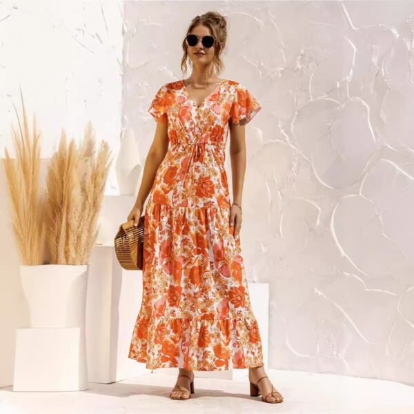 Women's Temperament Short Sleeve V-neck Lace-up Flower Button Dress - Image 2