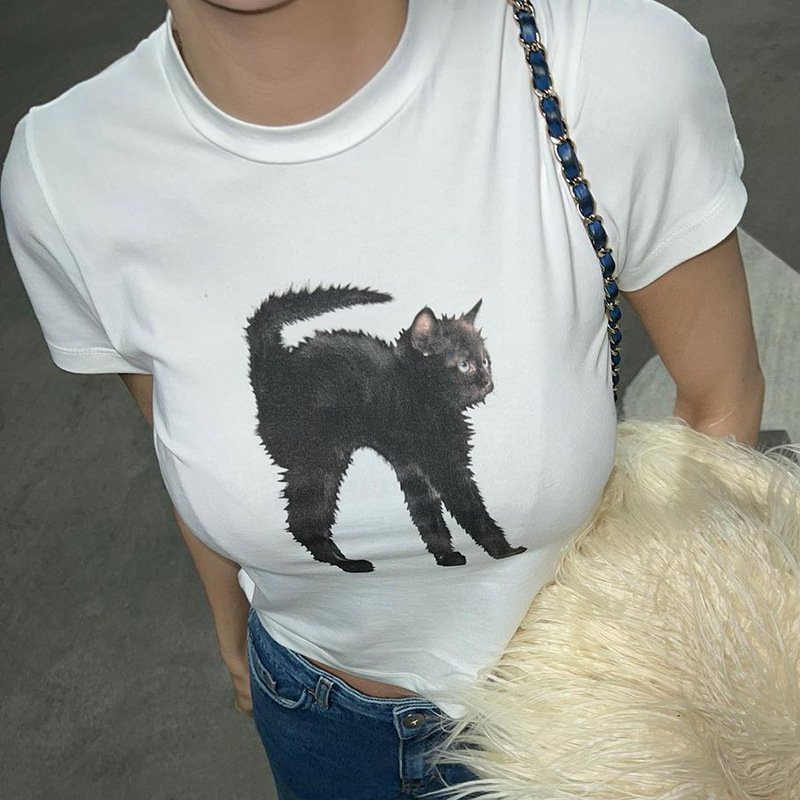American Fried Hair Cat Print Short Sleeve T-shirt - Image 2
