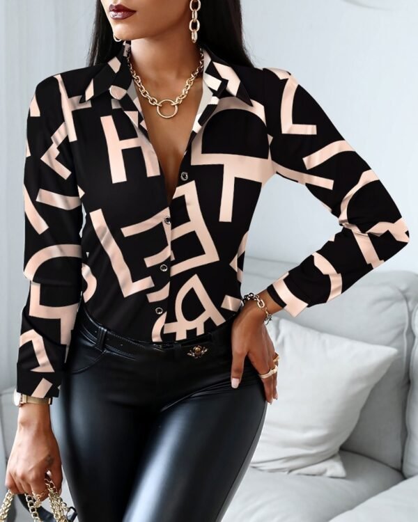Autumn And Winter Long-sleeved V-neck Color Matching Retro Style Shirt Top Women - Image 5