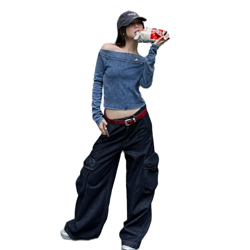 American-style Washed Vintage Off-shoulder Long-sleeved T-shirt - Image 6