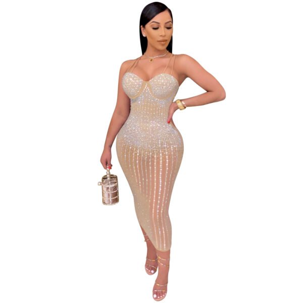 Women's Yarn See-through Rhinestone Strap Dress - Image 4