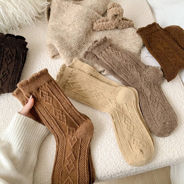 Autumn And Winter Thickening Diamond-shaped Milk Curry Color System Wool Mid-thigh Socks - Image 2