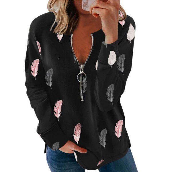 Women's V-neck Zipper Feather Print Long Sleeve Loose T-shirt - Image 3