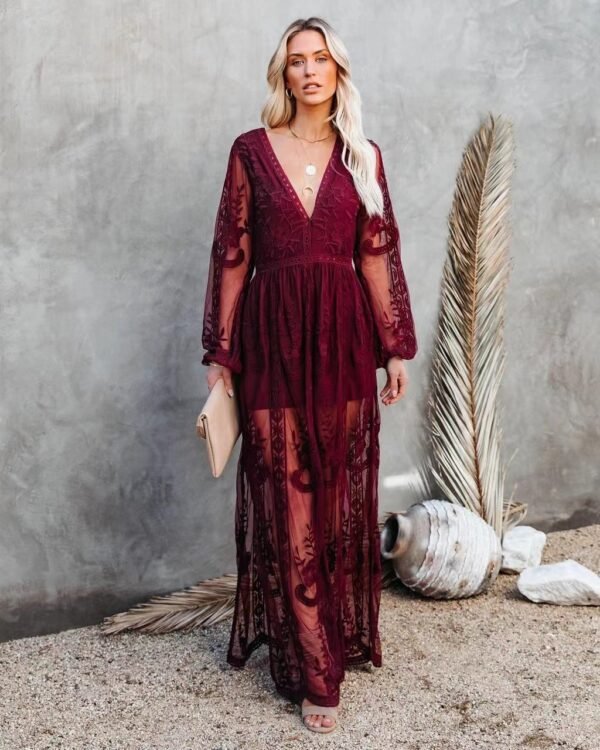 Women's Lace Long Sleeve V Neck Solid Color Dress - Image 2