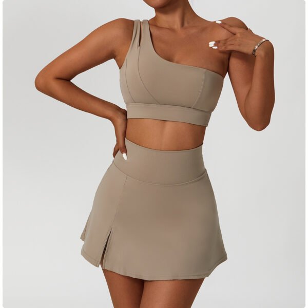 Ribbed One Shoulder Yoga Bra Stretch Shockproof Women's Set - Image 6